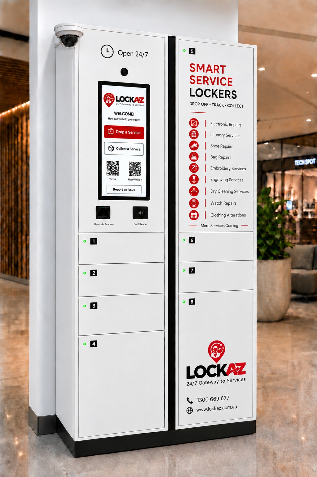 The LOCKAZ smart service locker cabinet: touchscreen with Deposit and Collect, barcode scanner, card reader, eight lockers, and a side panel listing the available services